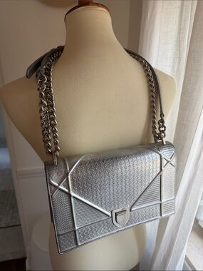 Metallic Silver Christian Dior Medium Diorama Bag with Chain Strap